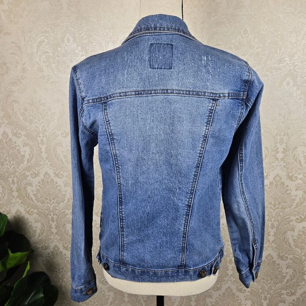 Cavalini Size Small Blue Denim Jean Jacket Button Front Pockets Long Sleeve